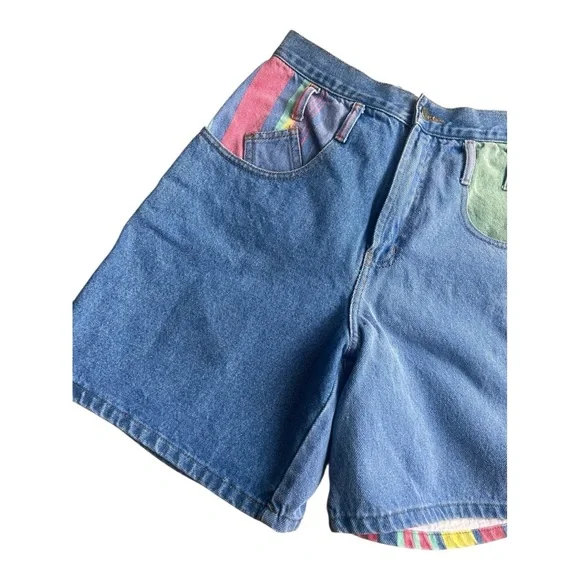 Vintage 90s rainbow stripe retro high waist denim shorts 7/8 fit 26 waist - Picture 3 of 7